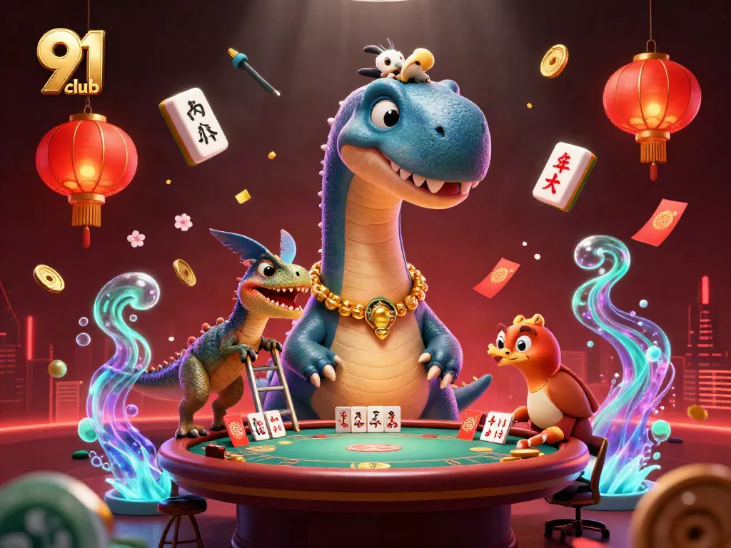 Engaging 91 club visuals featuring a giant brontosaurus at a casino with playing cards and festive decor.