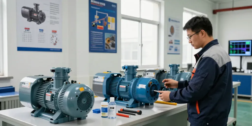 Revisión de Bombas KSB en Venezuela, técnico inspeccionando equipos industriales en un entorno de fábrica.