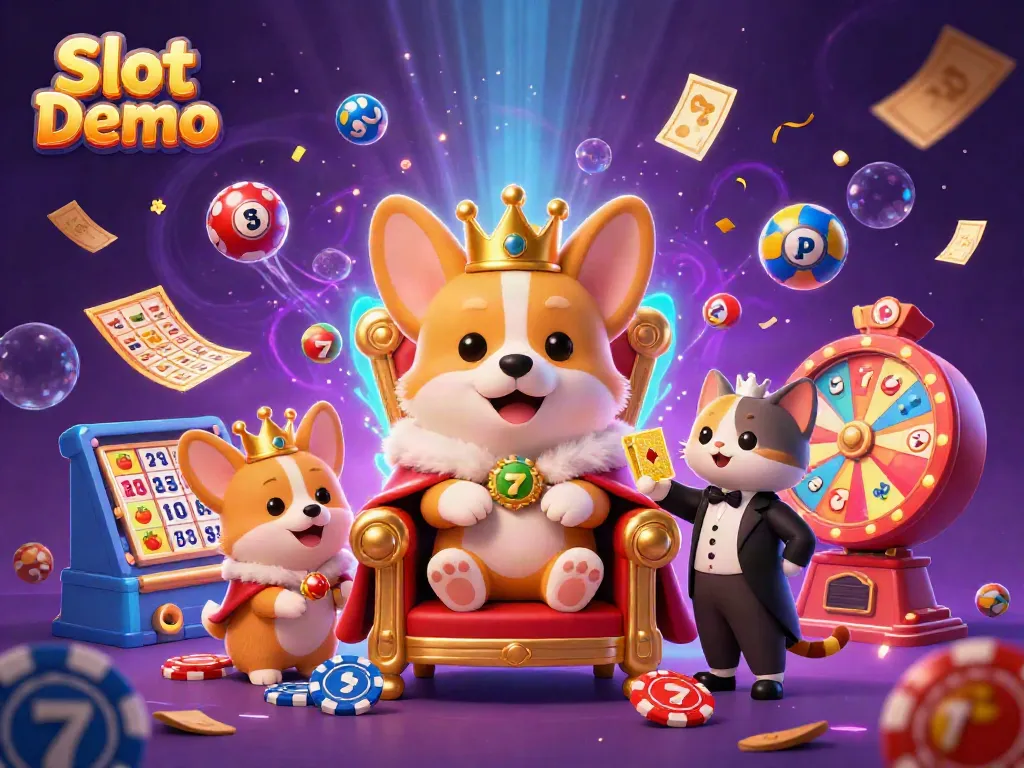 Spin the Slot Demo with cheerful royal corgi, colorful elements, and engaging graphics!