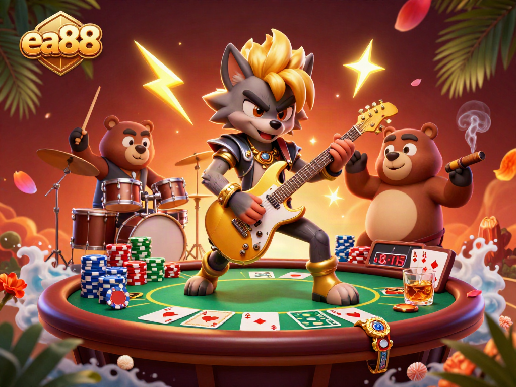 ea88 casino scene showcasing a rock star wolf and drummer bear amidst poker tables and vibrant energy.