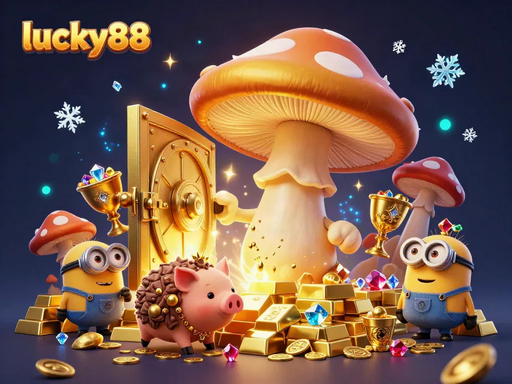 Experience the magic of lucky88 with a golden mushroom wizard, treasure, and dynamic casino elements in a vivid illustration.