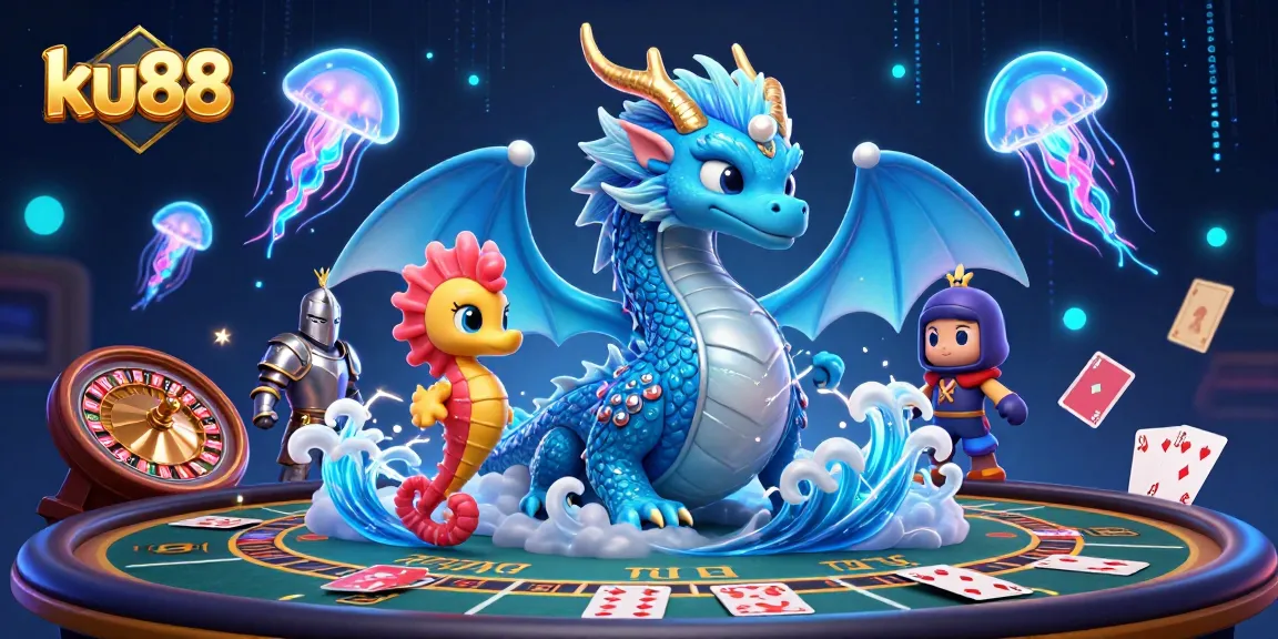Experience the excitement of ku88 with a 3D illustration featuring vibrant casino elements.