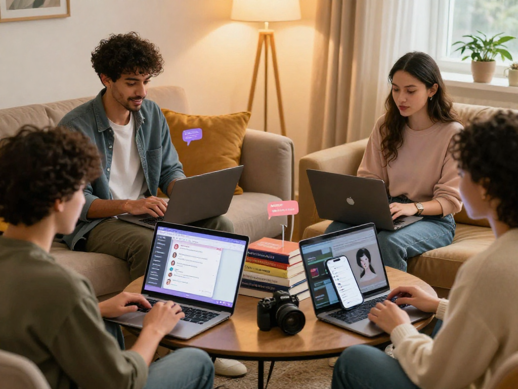 Engaging setting for sex chat AI conversations with diverse individuals using laptops and smartphones.