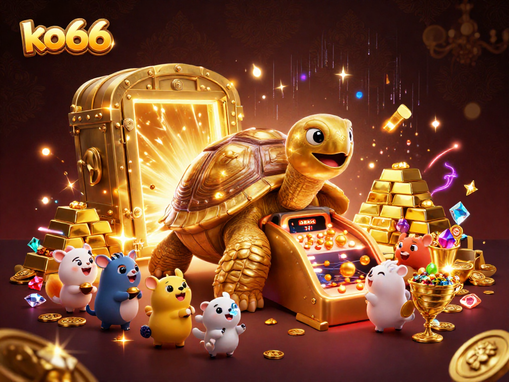 Join the excitement at ko66 with a vivid casino scene featuring a playful golden tortoise and treasure.