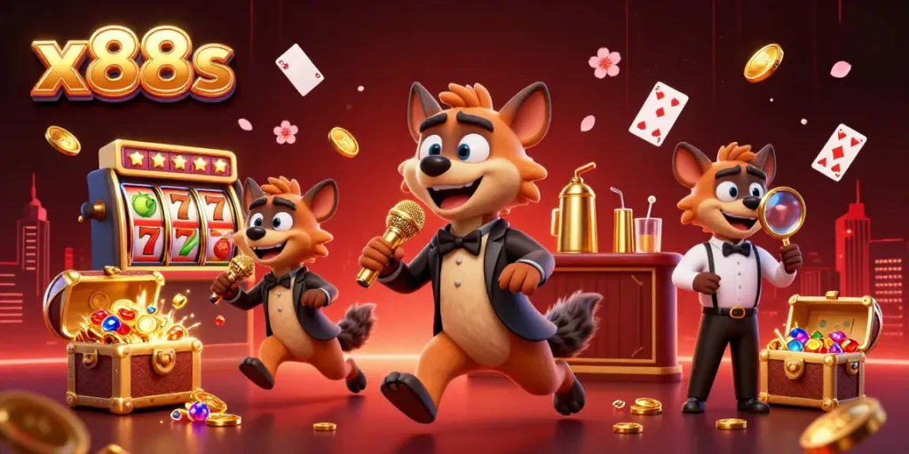 Experience x88s with lively hyenas at a buzzing casino scene, showcasing vibrant gaming elements and excitement.