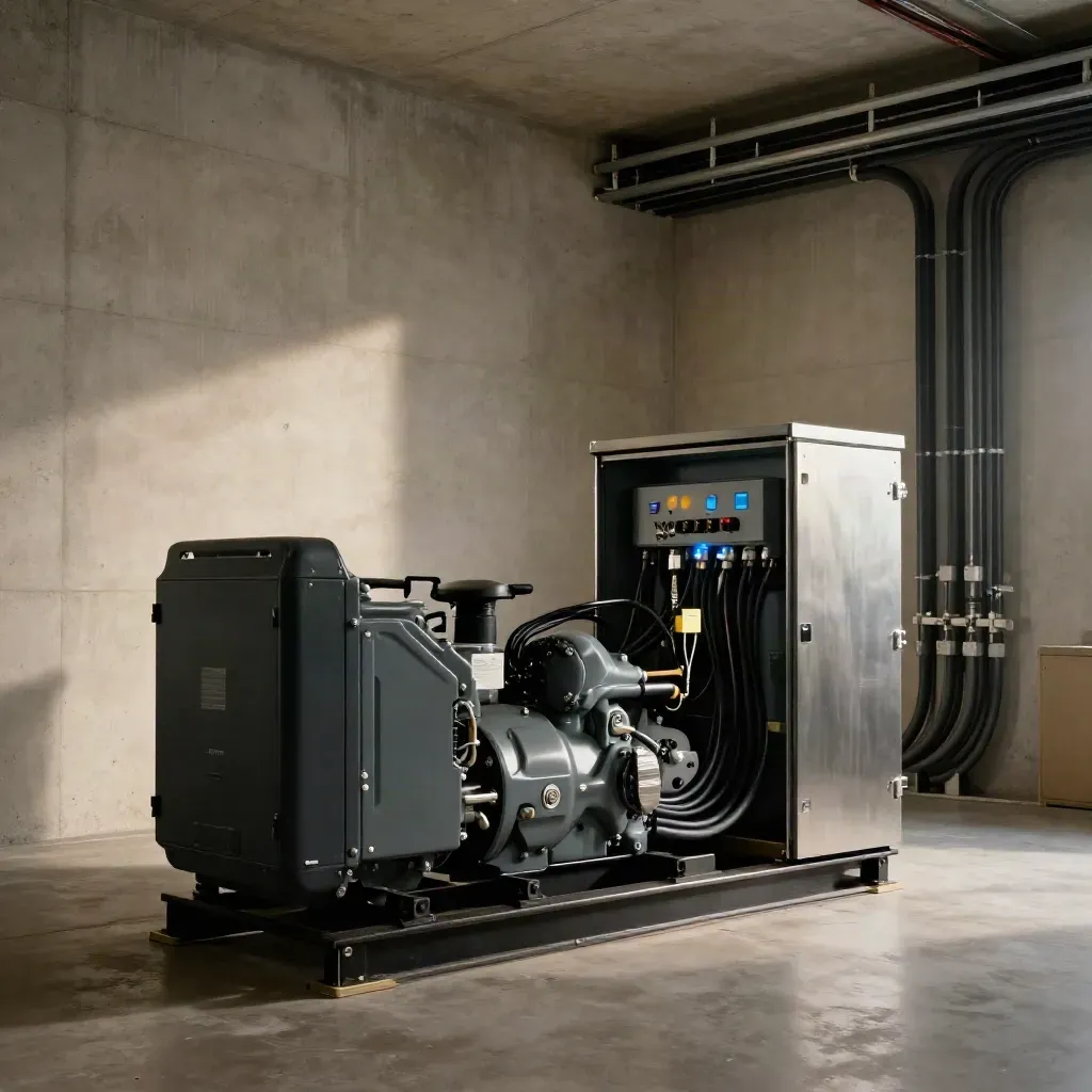 Installed backup power room with generator skid, ATS cabinet, conduit and cabling in a finished plant room