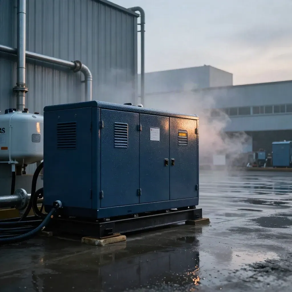 Diesel standby generator, ATS cabinet and fuel tank outside a factory after rain at dawn.