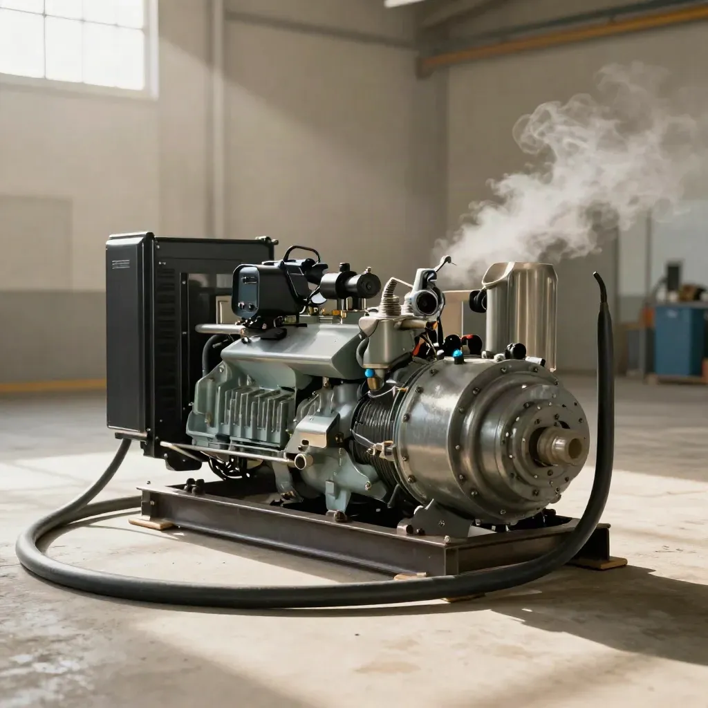 Generator load bank test with cables, resistors, exhaust and heat shimmer in a bright bay.