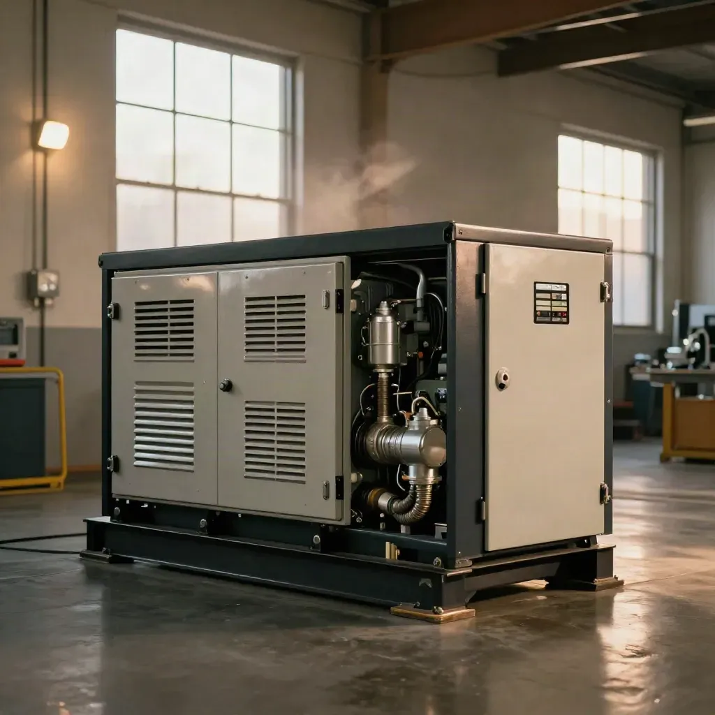Standby generator and ATS cabinet in a spotless factory plant room, lit by late-afternoon sun.