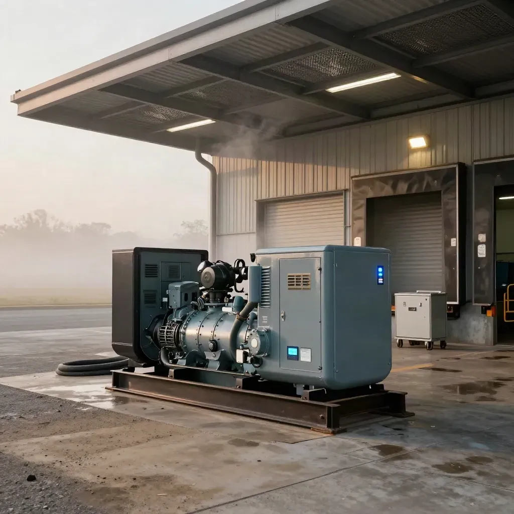 Repaired diesel generator running by an open warehouse bay at dawn, fog and dock lights glowing.