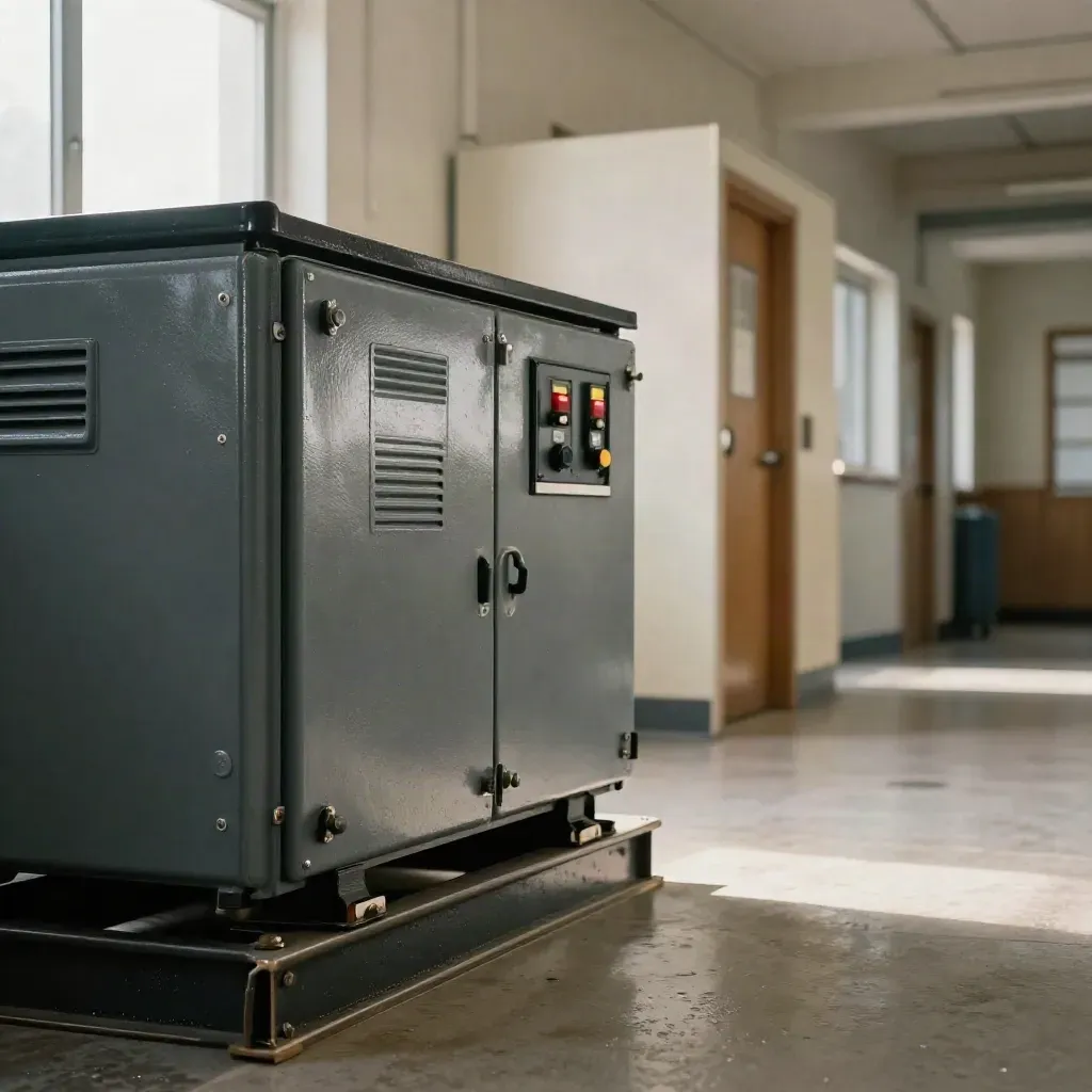School standby generator room with tidy cabinets, warm corridor light and winter-ready plant.