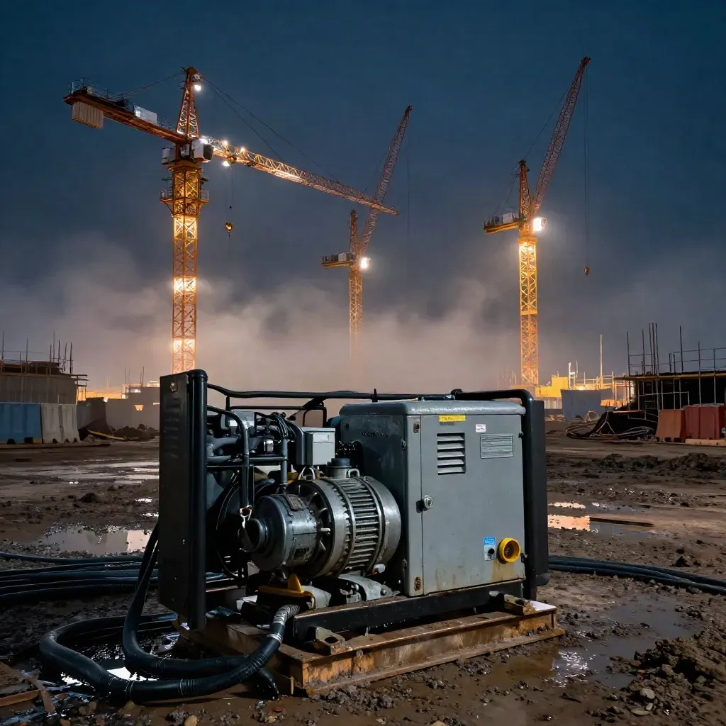 Three tower cranes lit at a muddy site, powered by a rental generator pack and cabling at night
