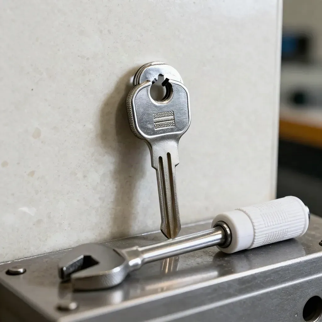 Close-up of control keys, torque wrench and site torch on a steel bench.