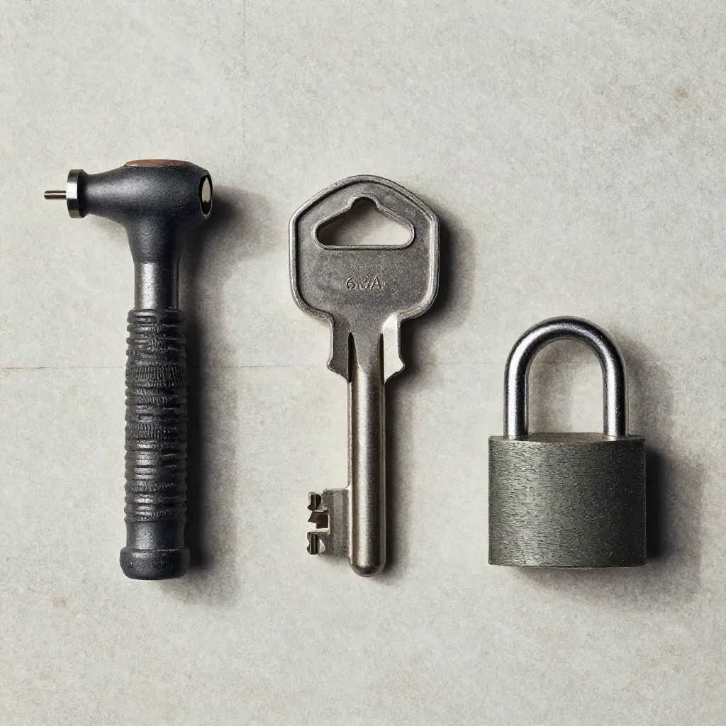 Overhead flatlay of a site key, torch, three-phase plug and padlock on pale stone.
