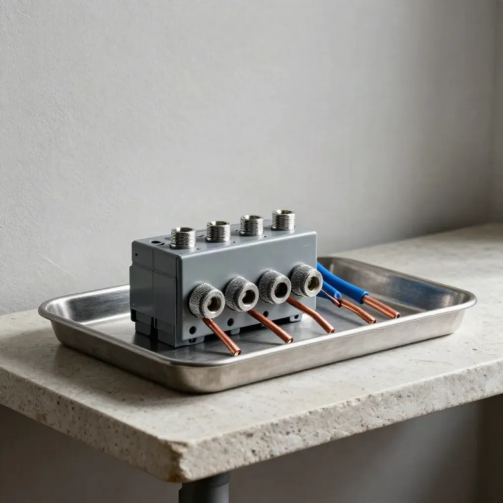 ATS module with cable glands, ferrules and copper tails arranged on a stone shelf