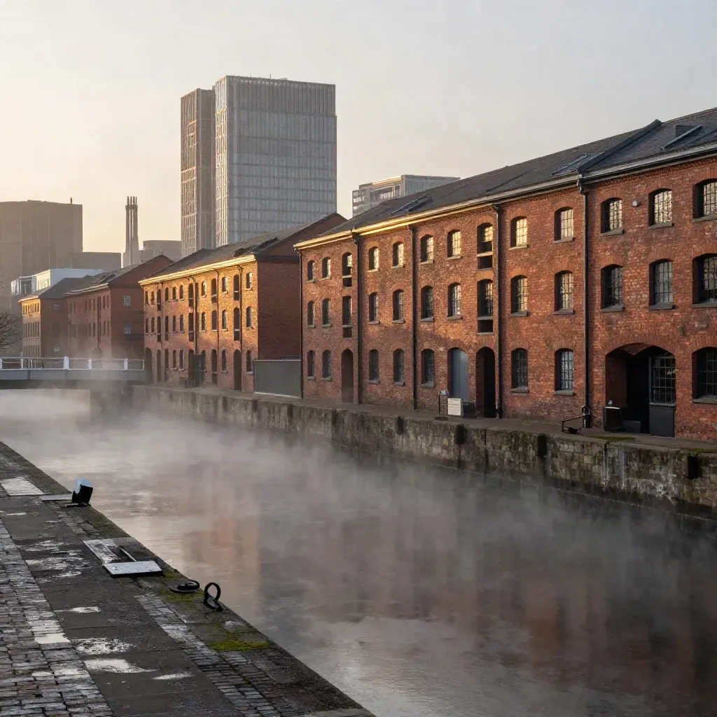 Manchester skyline over a misty canal and brick warehouses at dusk.