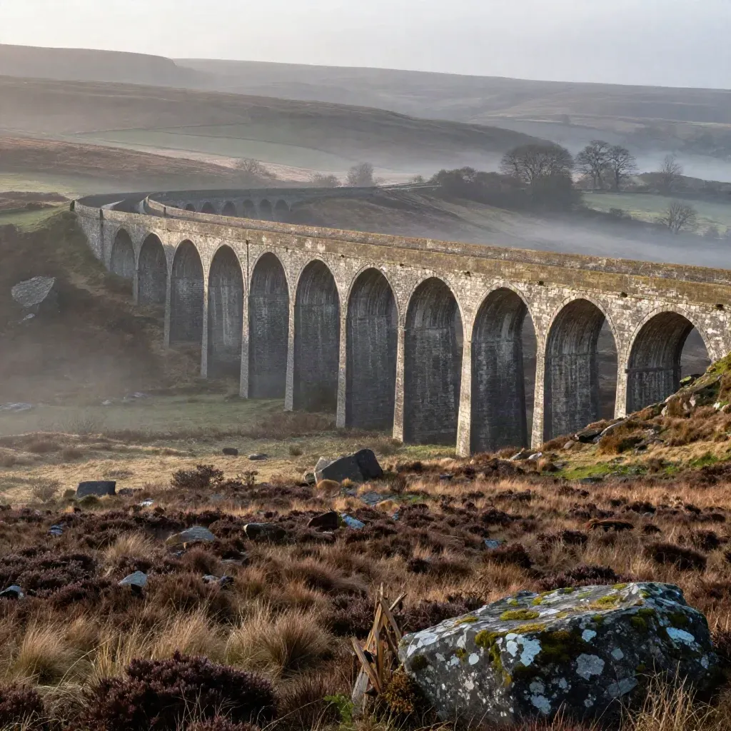 Misty Yorkshire stone viaduct over moorland at sunrise, with calm open valley below.