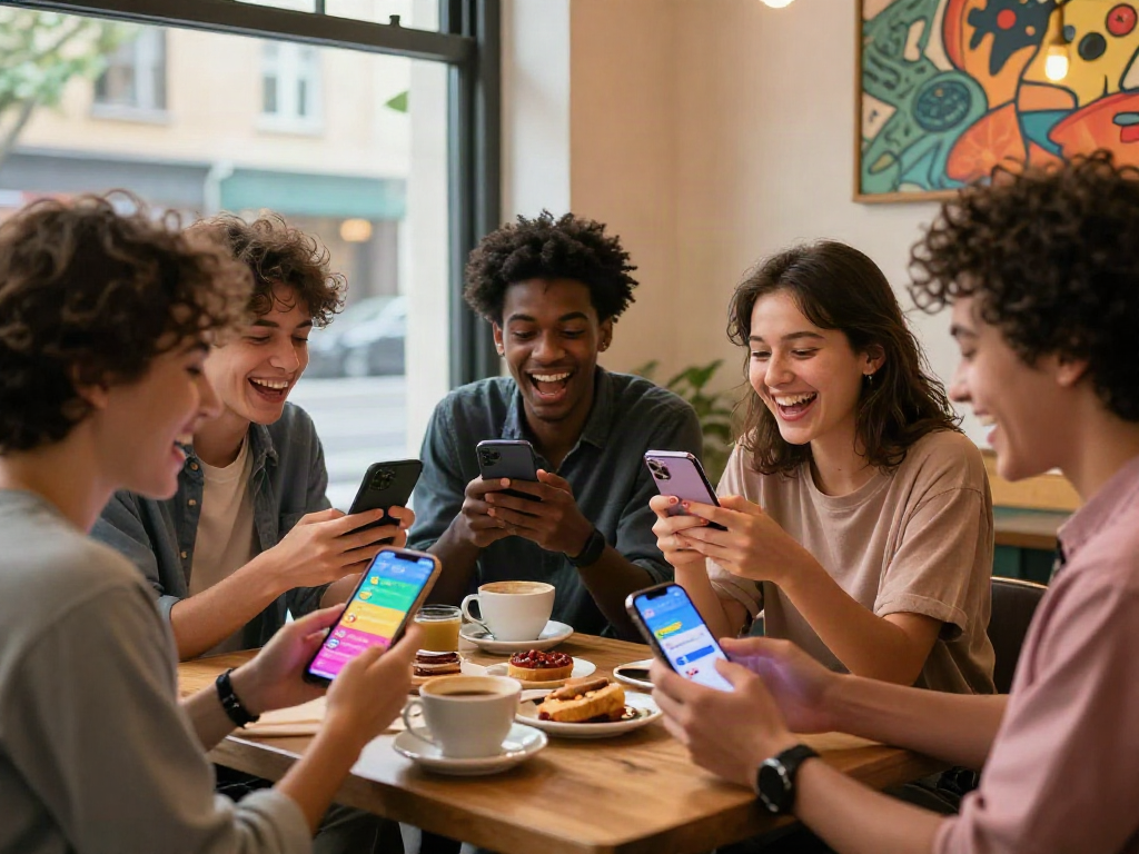 Engaging spicy chat scene with friends in a cozy café, showcasing laughter and bright expressions.