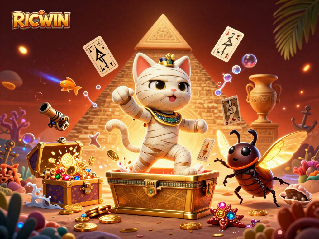 Experience the excitement of RICWIN with our dazzling 3D illustration of an Egyptian mummy cat in a vibrant casino.