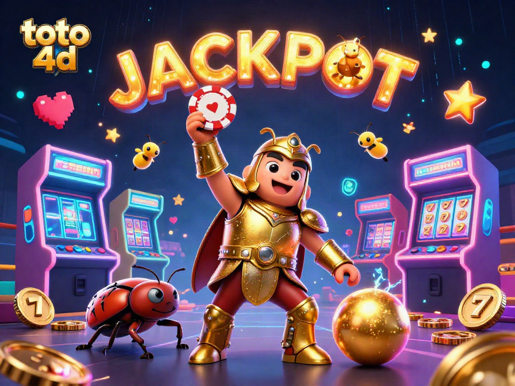 Toto 4D victory scene with a heroic beetle lifting a poker chip in a rich casino setting.