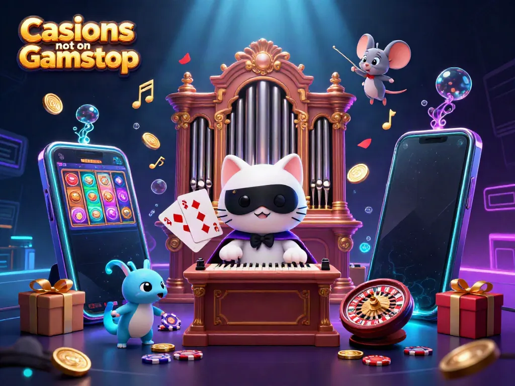 Engaging scene showcasing a phantom cat playing at a casino pipe organ with elements representing Casinos not on Gamstop.