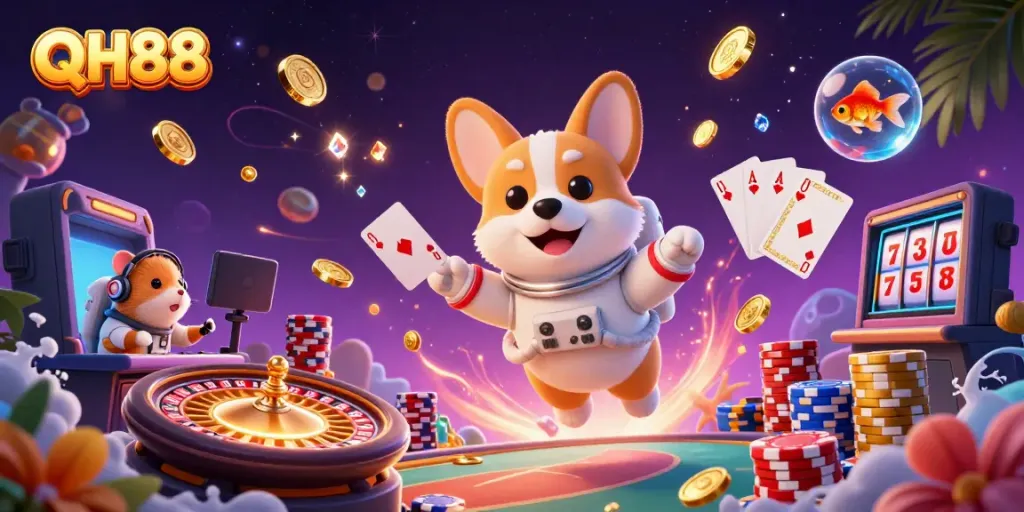 Join the excitement at QH88 with a colorful space casino scene featuring cartoon characters and dynamic game elements.