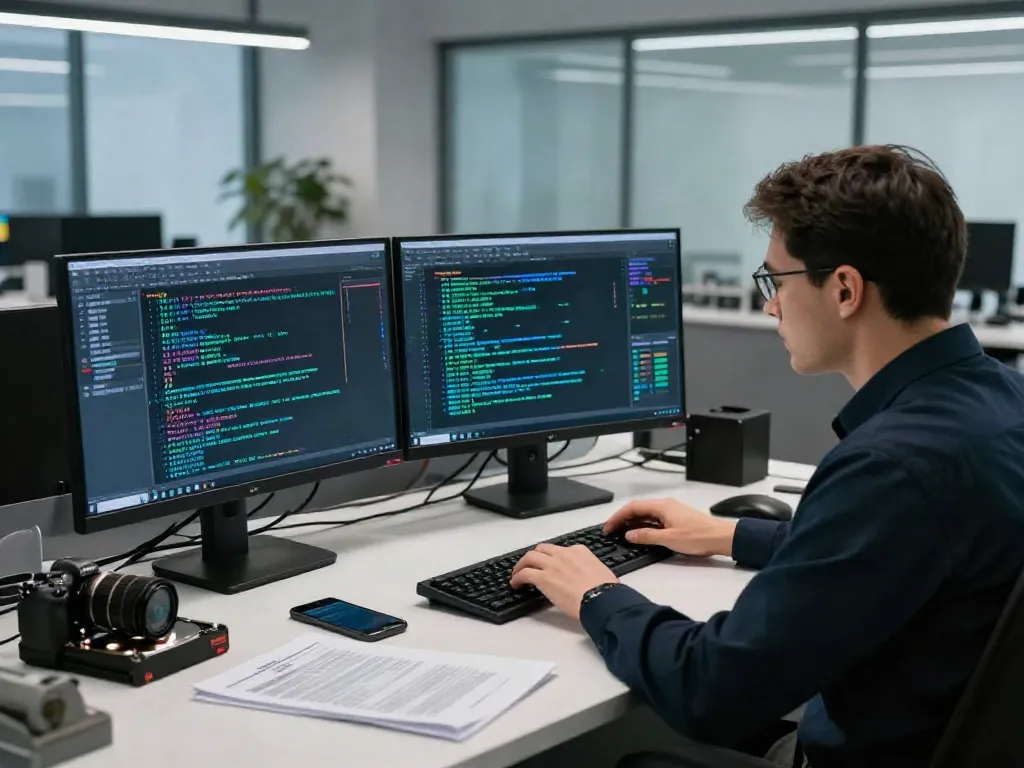 Analyst conducting a digital forensic investigation with dual monitors showing evidence analysis, emphasizing detailed technology.