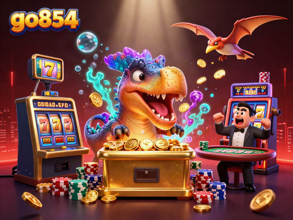 go854 showcases a pachycephalosaurus winning jackpots in a vibrant casino scene.