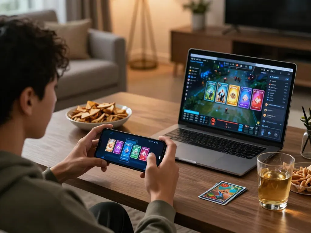 Engaged gamer playing card games at http://11bet-app.net/ in a cozy living room.