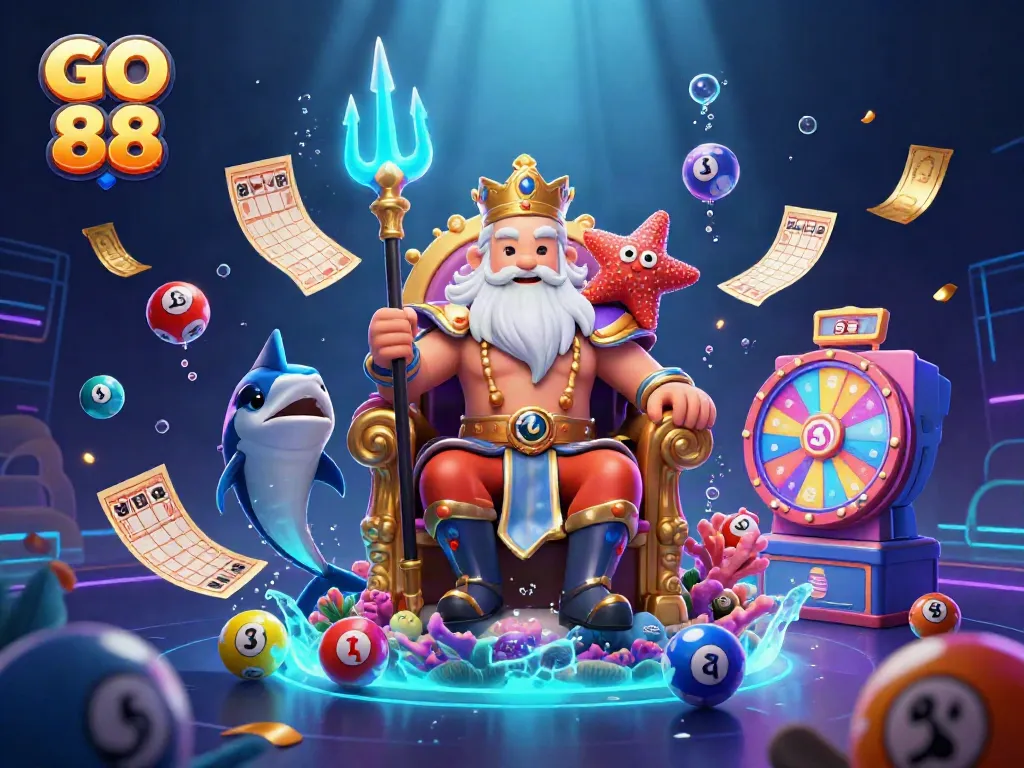 Experience gambling excitement with GO 88's vibrant underwater casino scene showcasing Neptune and treasure elements.