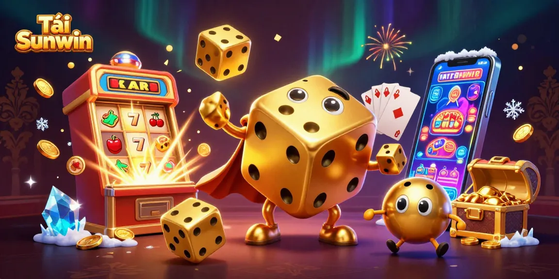 Experience excitement with Tải Sunwin as a whimsical golden dice golem juggles dice amidst a vibrant casino scene.