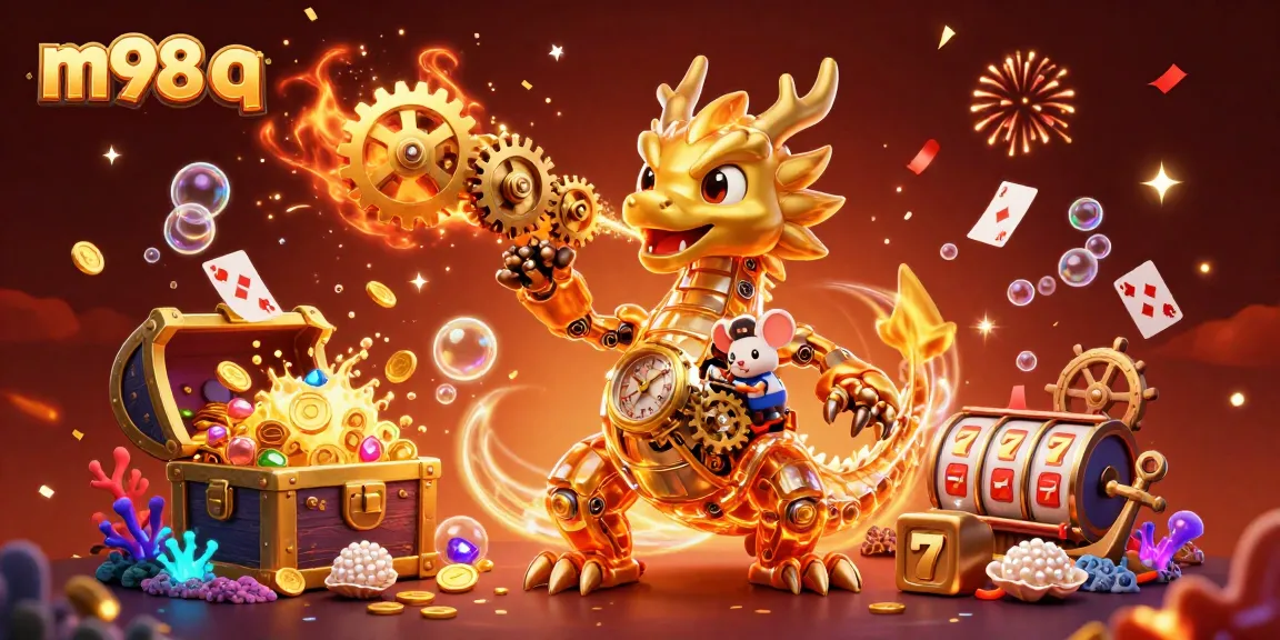 Experience m98 q gaming action with a golden dragon amidst lavish casino treasures and vibrant elements.
