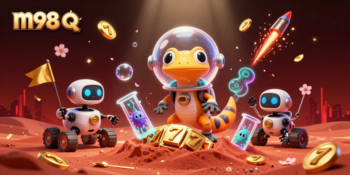 M98 q Mars-themed illustration featuring a gecko discovering a vibrant casino amongst golden symbols and animated elements.
