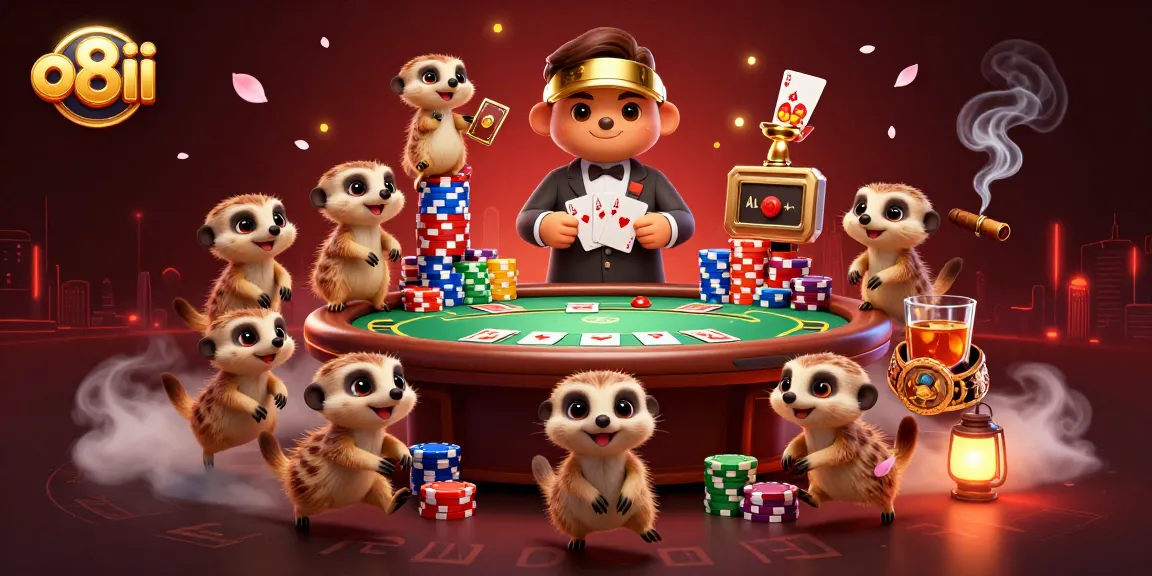 o8ii meerkats managing a vibrant casino scene with colorful poker chips and cards.