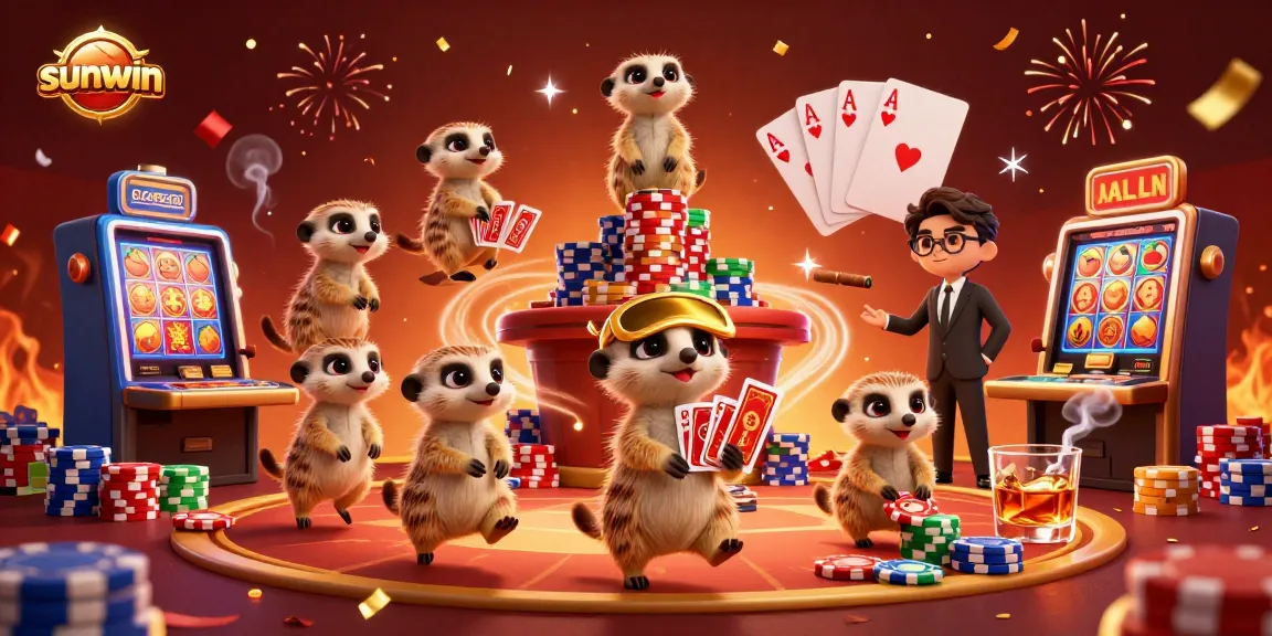 Experience thrilling gaming at sunwin as meerkats manage a vibrant casino operation filled with poker tables and jackpot reels.