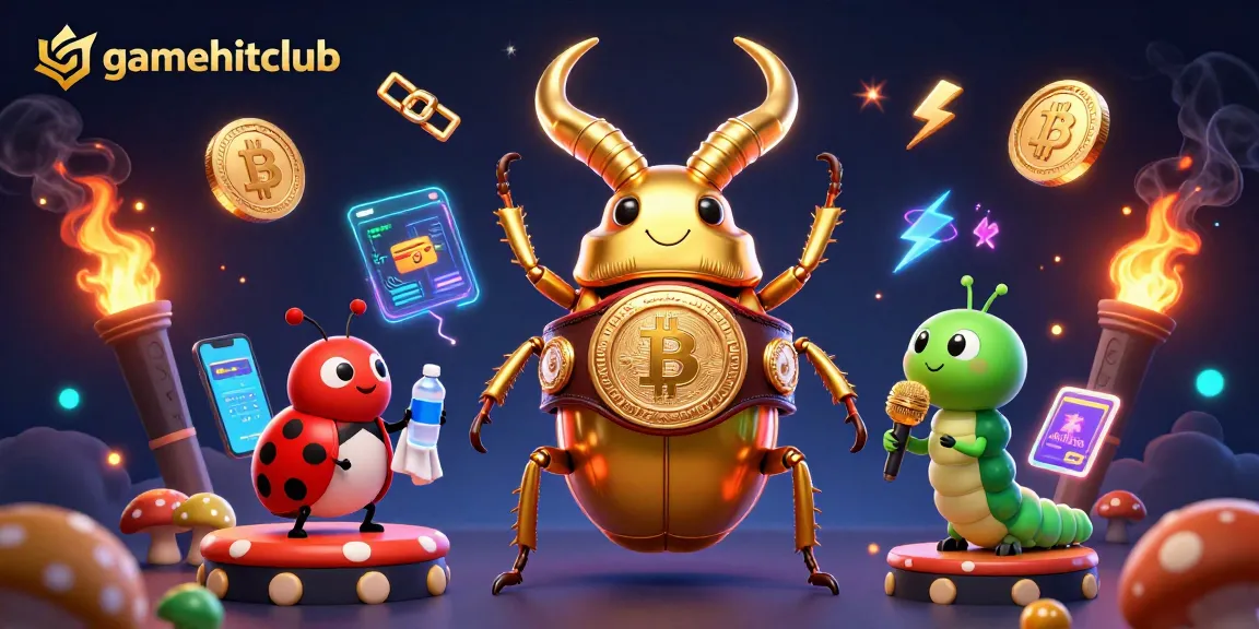 Spin to win at gamehitclub with a dynamic 3D casino showdown featuring a golden stag beetle and cryptocurrency elements.