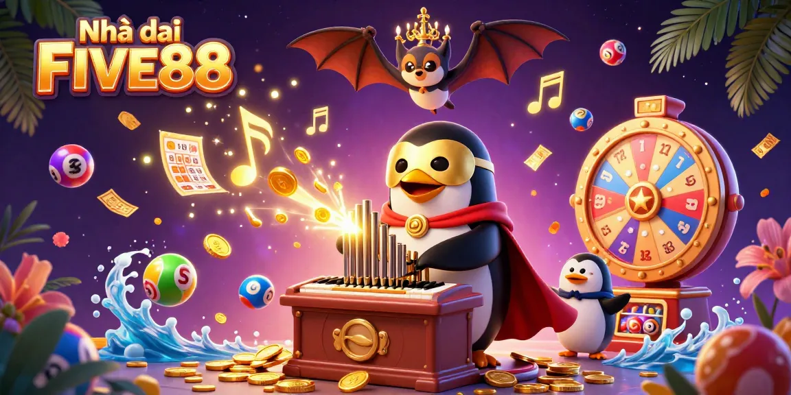 Experience excitement at Nhà cái FIVE88 with vibrant lottery balls and a penguin mascot.