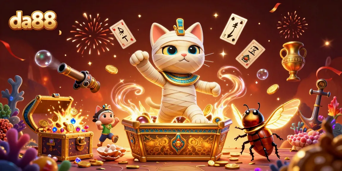 Join the thrilling da88 casino adventure with the Egyptian mummy cat and glowing scarab!