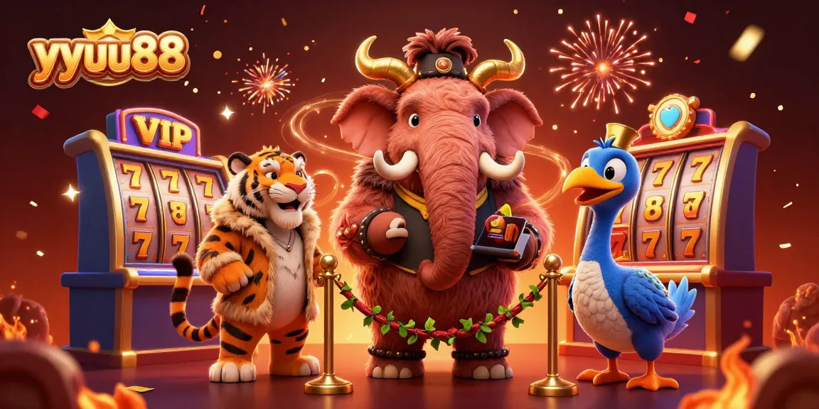 Experience thrilling gameplay at yyuu88 with a vibrant scene showcasing 3D casino characters amidst slot reels and confetti.