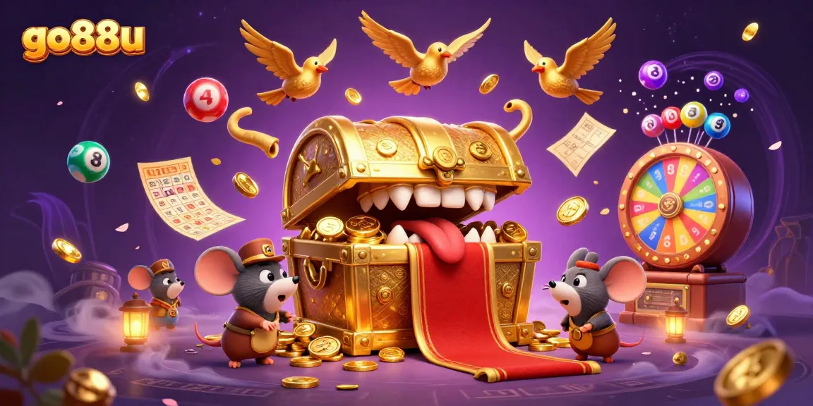 Experience thrilling gameplay at go88u with vibrant lottery elements and a treasure chest filled with riches.