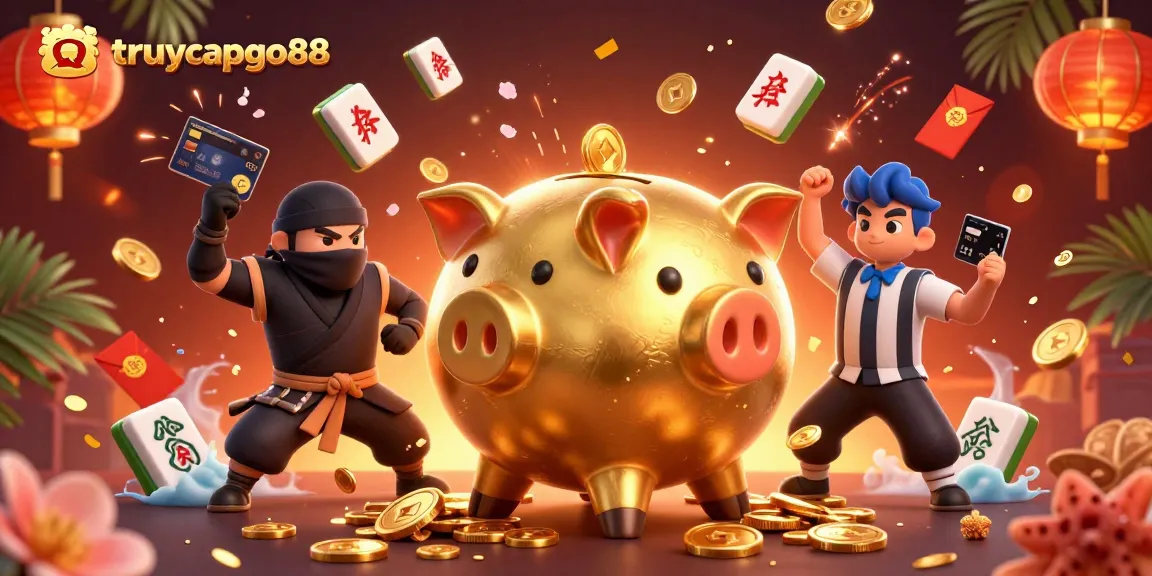 Join the excitement at truycapgo88 with an action-packed 3D illustration showing vibrant casino characters and elements.