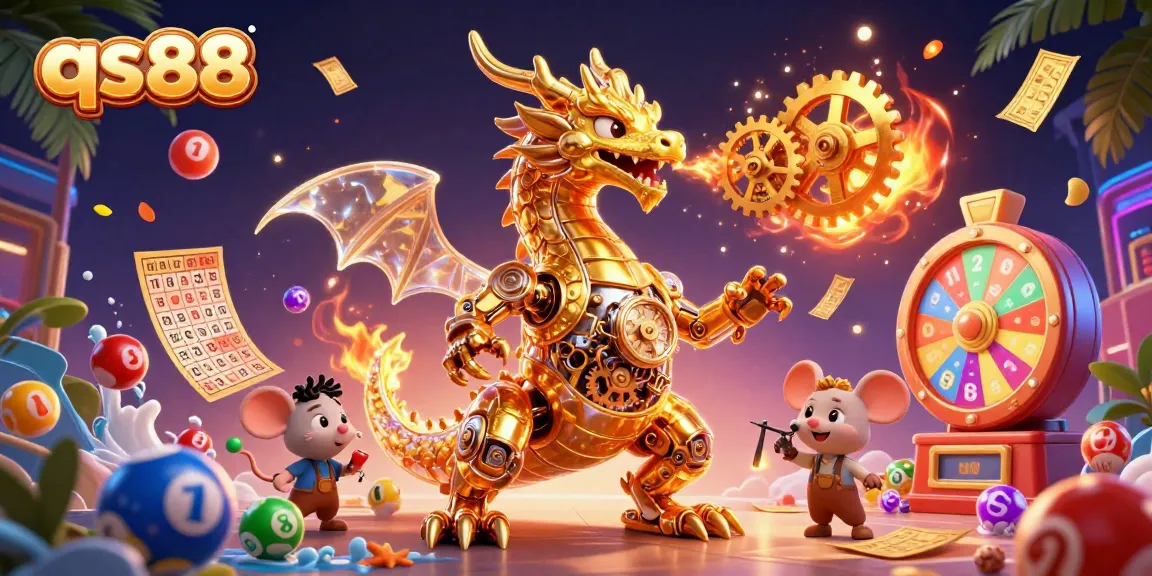 Engage in the thrill of casinos with qs88's dynamic lottery scene featuring a golden dragon and vibrant game elements.