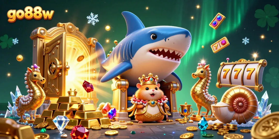 Engage with go88w's vibrant casino scene, featuring a golden hamster king and treasures in a dynamic 3D setting.
