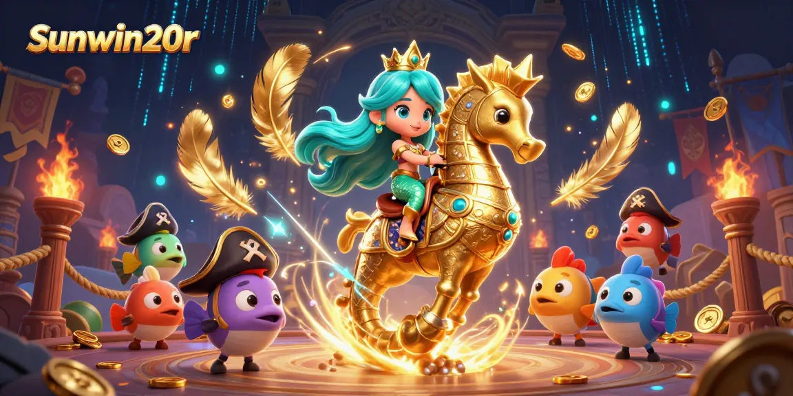 Join the excitement at sunwin20r with a vibrant 3D cartoon mermaid and her seahorse in a magical casino scene.